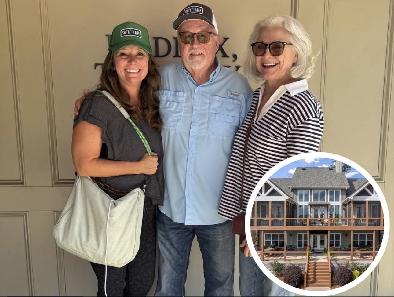 A smiling woman and a man posing with another smiling older woman in front of a lakehouse-themed backdrop, with a circular inset image of the lakehouse in the corner.